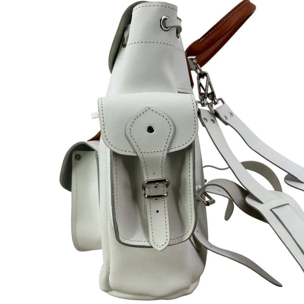 Womens Classic Leather Satchel Backpack White Tan Buckle Academic Grafea England